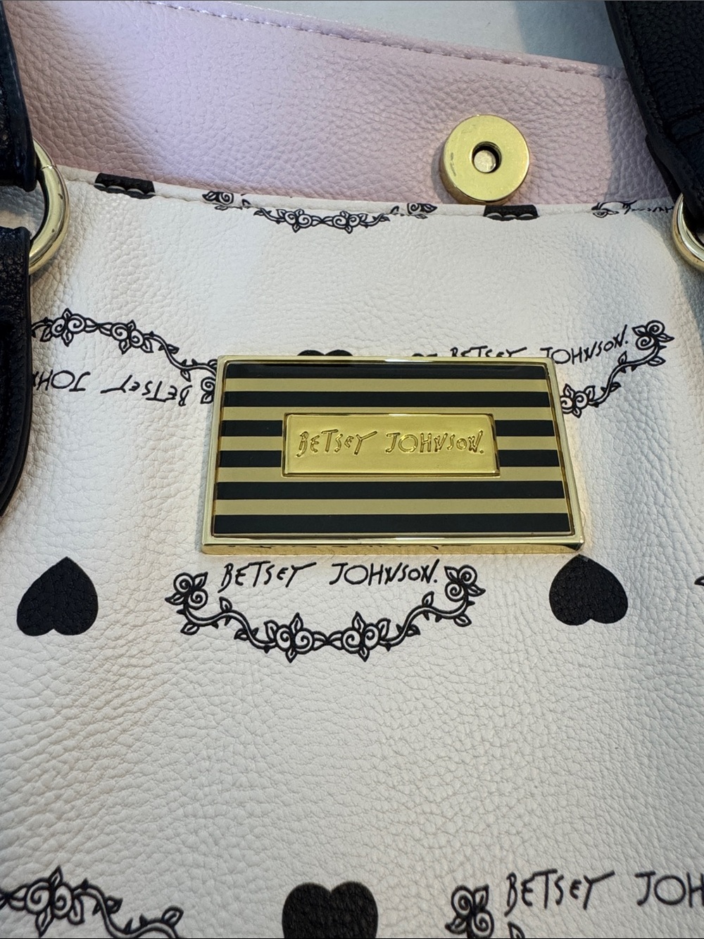 Betsey Johnson Cream and Black Logo Heart Tote with Floral Rose Interior